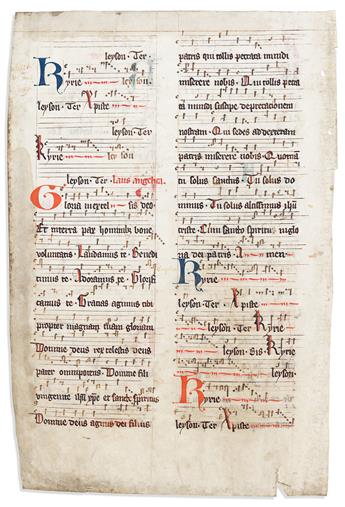 Medieval Manuscript Leaf. Gregorian Chant of the Ordinary Mass, Kyrie Eleison.